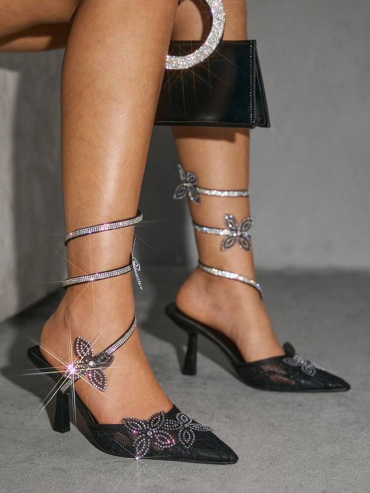 CUCCOO SZL ラインストーンのリボンデコレーション付き ファッショナブルな女性用ハイヒールパンプス、メッシュ素材で通気性があり、パーティーやバンケットにも快適、セクシーなハイヒール