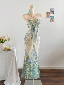 Soleia 女士度假针织网眼渐变浪漫修身挂脖系带金属扣装饰鱼尾连衣裙，适合派对、约会、下午茶，性感优雅 - 彩色 - 查看 6