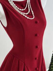 Elamini Damen Burgunderrotes plissiertes A-Linien Minikleid mit rundem Ausschnitt und ärmellos, modische taillierte Passform, vielseitig einsetzbar aus dickem Stoff, geeignet für Lässig-Outings, Dates, Geburtstage, Weihnachten, Valentinstag, süßer und niedlicher Stil, Herbst/Winter