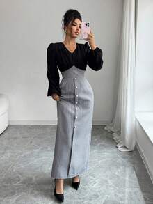 Elenzga Elegancka i modna sukienka midi z marszczeniami, dekoltem w serek, długimi rękawami i bufiastymi rękawami, ściągaczem w talii i ozdobnymi guzikami z przodu, damska sukienka zimowa - Czarne - Zobacz 7