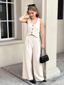 2 件套青少年女孩无袖开衫背心 + 高腰阔腿裤套装，休闲通勤装夏季