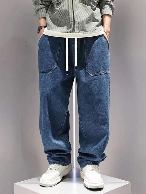 SHEIN Teen Boys' Retro College Style Elastic Waist Washed Deep Blue Denim Tapered Pants, Loose And Comfortable Summer Holiday