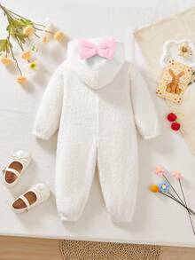 新生女宝宝柔软蓬松连帽连体衣，秋冬季宝宝休闲拉链连体衣，女宝宝冬季连体衣，宝宝抓绒连体衣 - 粉色 - 查看 7