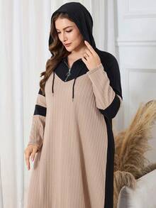 Lacomfia 大码休闲针织提花拼色连帽长袖宽松中长连衣裙，春秋季 - 彩色 - 查看 3