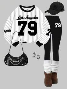 Slaydiva 2pcs/Set Casual Loose Fit Round Neck Striped Sweatshirt With Graphic Print And Matching Skinny Pants, Comfortable For Autumn/Winter - Multicolor - View 1