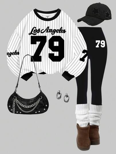 Slaydiva 2pcs/Set Casual Loose Fit Round Neck Striped Sweatshirt With Graphic Print And Matching Skinny Pants, Comfortable For Autumn/Winter