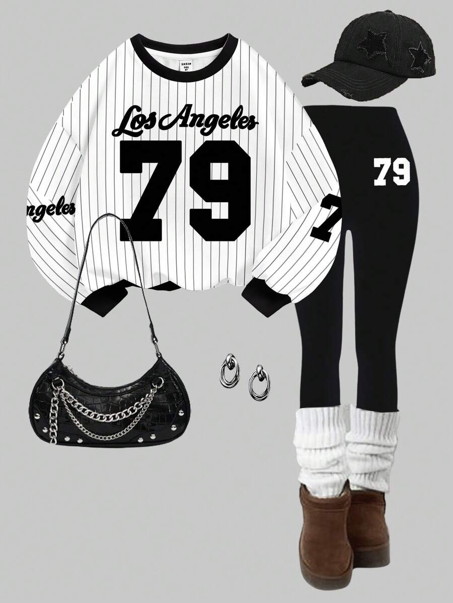 Slaydiva 2pcs/Set Casual Loose Fit Round Neck Striped Sweatshirt With Graphic Print And Matching Skinny Pants, Comfortable For Autumn/Winter - Multicolor - View 1