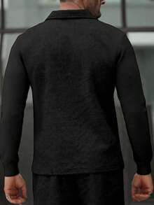 OTTIMOZO Herren Lässig Einfarbiges Langarm Poloshirt, vielseitig für den Herbst - Schwarz - Übersicht 2