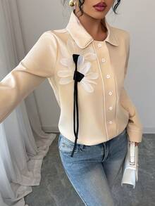Elenzga Women's Commuter Casual Jacket With Contrast Trim And 3D Floral Decor - Apricot - View 3
