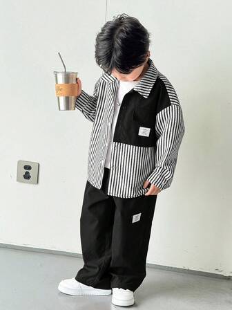 SHEIN Set de 2 piezas de camisa de manga larga a rayas y pantalones de estilo coreano cómodo y holgado para niños pequeños, adecuado para primavera, verano, otoño, invierno, uso diario, deportes, salidas, escuela, fiestas, festivales, sesiones fotográficas, temporada de regreso a clases