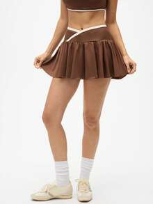 Eassivo Eassivo Women's Waistband Design With Pockets Daily Fitness Sports Skort - Brown - View 4