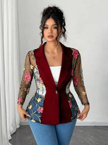 Elenzga Blazer élégant pour femmes grandes tailles avec patchwork en maille à broderie florale sur le col