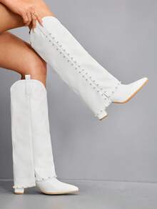CUCCOO SZL 女式尖头粗跟绒面西部流苏靴，修身高筒靴 - 白色 - 查看 1