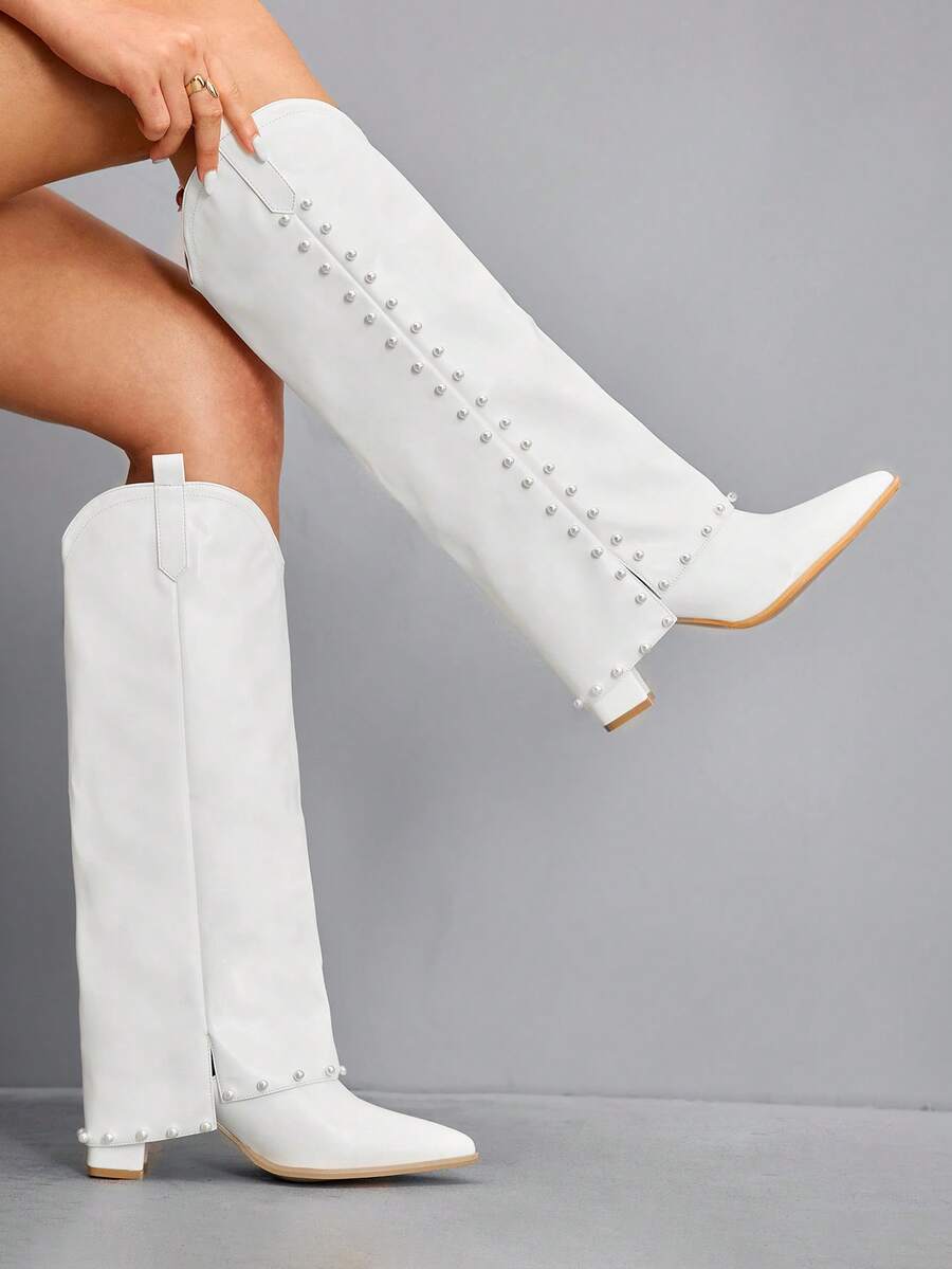 CUCCOO SZL 女式尖头粗跟绒面西部流苏靴，修身高筒靴 - 白色 - 查看 1