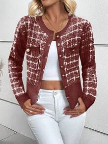 EMERY ROSE Women's Elegant Plaid Pattern Contrast Trim Button-Up Cardigan, Suitable For Work Commute, Autumn - Rust Brown - View 4