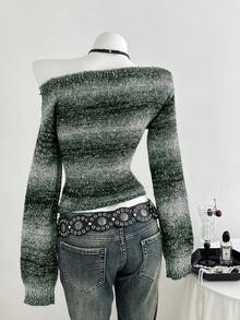 Elamini Áo len dài tay hở vai ombre thời trang cho nữ, thích hợp cho kỳ nghỉ - Màu xanh lá cây đậm - Xem 2