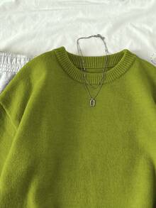 Elamini 女式纯色圆领长袖休闲套头毛衣，秋冬 - 綠色 - 查看 4