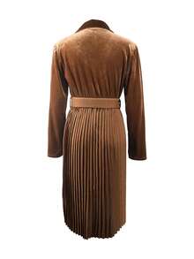 EMERY ROSE Women's Solid Color Minimalist Casual Collared Long Sleeve Pleated Dress - Coffee Brown - View 2