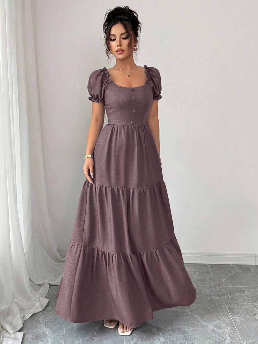 Elenzga 女士优雅长裙，独特领口，多层拼接，荷叶边饰边，修身设计/垂坠/分层/假日装/波西米亚风/浪漫花卉/度假休闲 - 淡紫色 - 查看 1