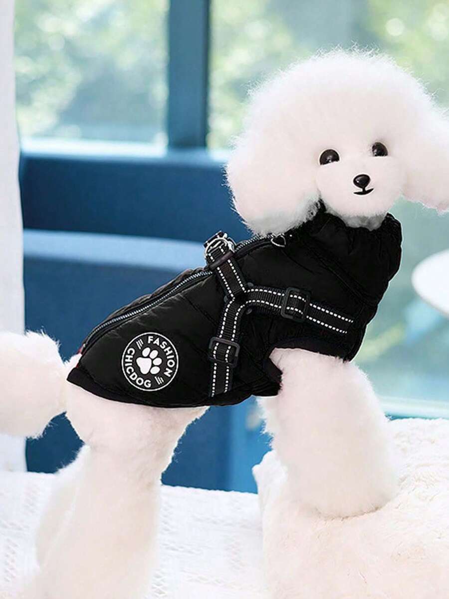 SHEIN Basic living Pakaian Terpadu Dada & Punggung Anjing Peliharaan, Rompi Kerah Tinggi Tebal, Musim Gugur & Musim Dingin - Hitam - View 1