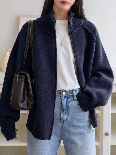 Livesso Damen Locker geschnittene Business Lässig Strickjacke mit Stehkragen, einfarbig, Patchwork-Design, Herbst/Winter