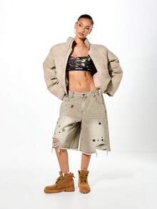 SUMWON WOMEN Oversized Beige Bomber Jacket With Stand Collar Full Zip Closure Side Pockets Embossed Back Logo Perfect For Fall Winter Street Style Casual Layering - Grey - View 3