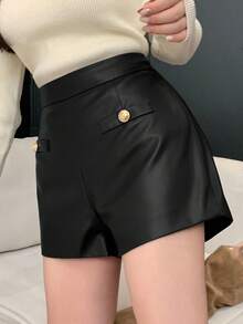 DAZY 优雅仿口袋纽扣装饰女式短裤 - 黑色 - 查看 6