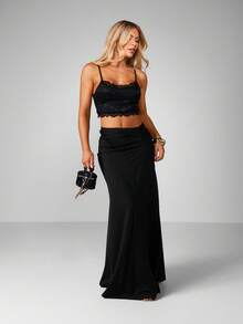 MISSGUIDED 褶饰侧裹式黑色超长裙，优雅长及地面晚会紧身裙 - 黑色 - 查看 2