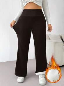 SHEIN EZwear Quần ống loe lót nhiệt màu sô cô la cỡ lớn giữ ấm mùa đông - Màu nâu Sô-cô-la - Xem 2