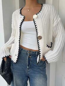 Siren Gaze Women's Casual Fashion Contrast Binding Metal Button Ribbed Knit Cardigan, Autumn/Winter Button Up Cardigan Crochet Cardigan - Apricot - View 4