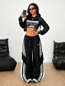 SHEIN PETITE Pantalones de paracaídas con bloques de color para mujer, pantalones cargo para primavera y verano, ropa de calle y salir - Negro - Ver 4