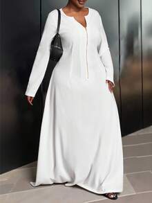 Veslaya 2025 Autumn/Winter New Arrival Elegant & Commute & Party & Date & Casual Outing & Daily Casual & Evening Dress Plus Size A-Line Solid White Long Sleeve V-Neck Front Zipper Semi-Sheer Knit Maxi Dress For Plus Size Women,Elegant Dresses For Women,White Dress For Women,One-Piece Dress Ladies Autumn Winter
