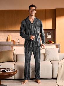 Manfinity Underwear&Sleepwear Basics Bộ đồ ngủ tay dài cài nút và quần dài cỡ lớn cho nam - Xám - Xem 3