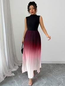 Elenzga Robe plissée noire élégante et décontractée avec patchwork et dégradé pour femmes - Rose pâle - Voir 3