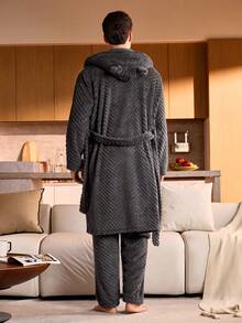 Manfinity Underwear&Sleepwear Basics 深灰色男士抓绒睡衣套装，包括睡袍和裤子，秋冬装，蓬松舒适 - 深灰色 - 查看 2