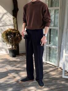 Claim Dot Men's Solid Color Minimalist Everyday Wear Half-Turtleneck Long Sleeve Knit Sweater Earthy Clothes Men Brown Sweater - Coffee Brown - View 7