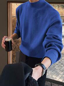 Claim Dot Áo len nam dáng rộng, cổ đứng, màu trơn, đơn giản, thích hợp mặc hàng ngày đi làm, kiểu dáng dễ phối đồ, màu xanh dương thu đông, tay dài. - Màu xanh lam - Xem 6