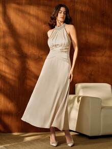 Anewsta Đầm cổ yếm màu mơ thanh lịch dành cho nữ, thích hợp cho tiệc tùng và dạ hội - Màu Khaki - Xem 4