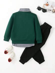 SHEIN 2 件套年轻男孩可爱休闲黄色刺绣运动衫和黑色裤子舒适服装，春季 - 墨綠色 - 查看 2