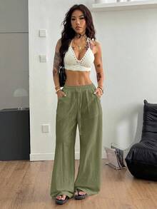 Coolane 女式夏季乡村音乐会外出海滩装波西米亚风基本款简约水洗 100% 纯棉白色裤子弧形下摆裤 - 綠色 - 查看 6