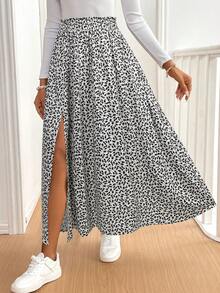 SHEIN Tall CURVE 大码简约印花开衩下摆半身裙 - 杏色 - 查看 5