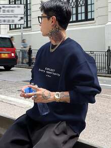 DAZY 男士字母印花圆领套头衫，海军蓝，秋冬 - 藏蓝色 - 查看 1