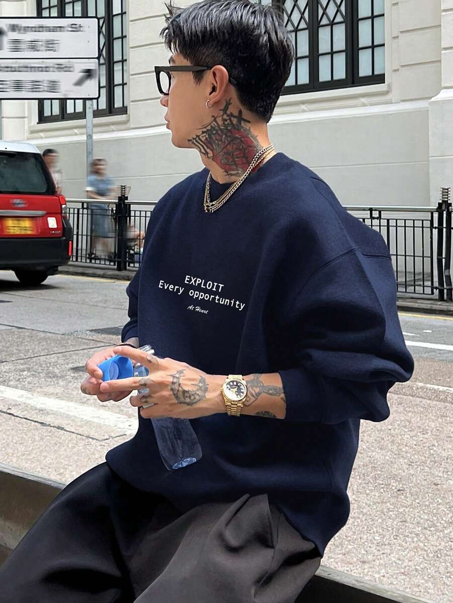 DAZY 男士字母印花圆领套头衫，海军蓝，秋冬 - 藏蓝色 - 查看 1