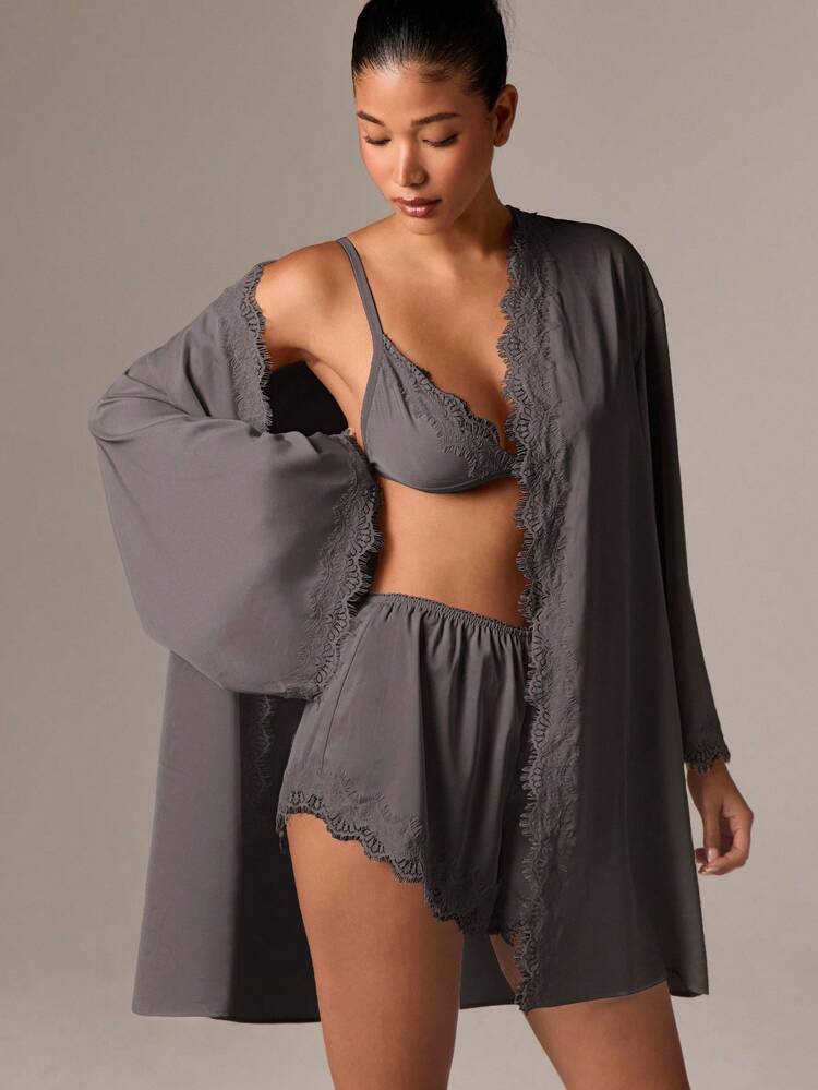 Satin Pajama Set With Lace Trim