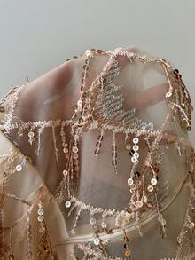 Lovelzi 优雅香槟色串珠刺绣手工钻石羽毛装饰短款露背鸡尾酒礼服 - 杏色 - 查看 7