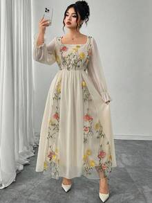 Modelyn Elegant Floral Embroidery Patchwork Plus Size Women Crew Neck Long Sleeve Dress - Yellow - View 1