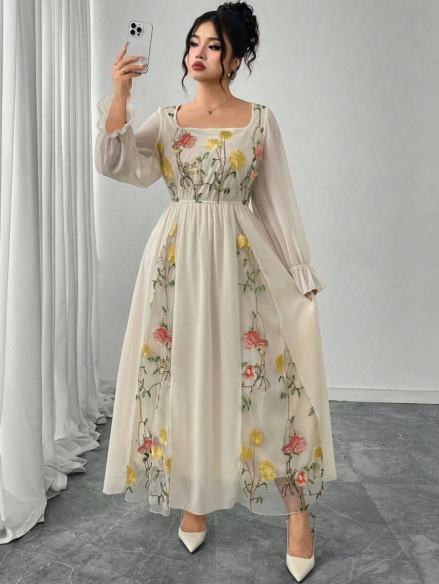 Modelyn Elegant Floral Embroidery Patchwork Plus Size Women Crew Neck Long Sleeve Dress - Yellow - View 1
