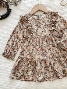 SHEIN Sukienka dla dziewczynki z długim rękawem i falbanką, z uroczym i eleganckim wzorem kwiatowym