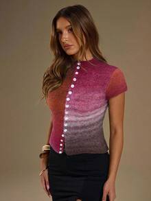 SHEIN BAE Áo len dệt kim tay ngắn thiết kế nút ombre dành cho nữ, mùa thu/đông - Đỏ - Xem 5