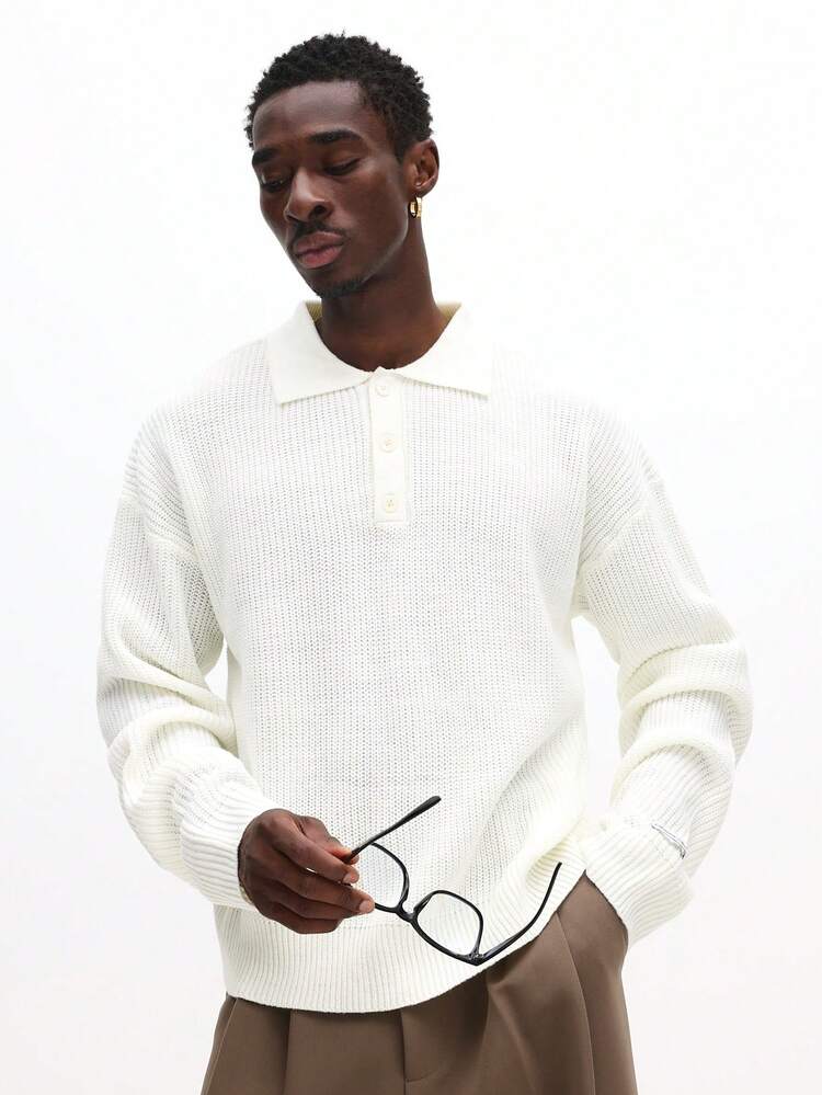 SUMWON Pull-over homme tricoté à manches longues, col polo, boutonnage devant, coupe régulière, côtes, pour l'hiver et l'automne, style casual uni